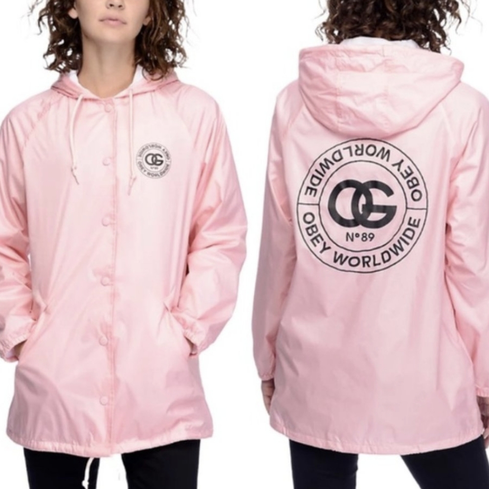 Barbie Pink Obey RueDeLa Ruine Coaches Jacket raincoat with Hood OBEY Worldwide.